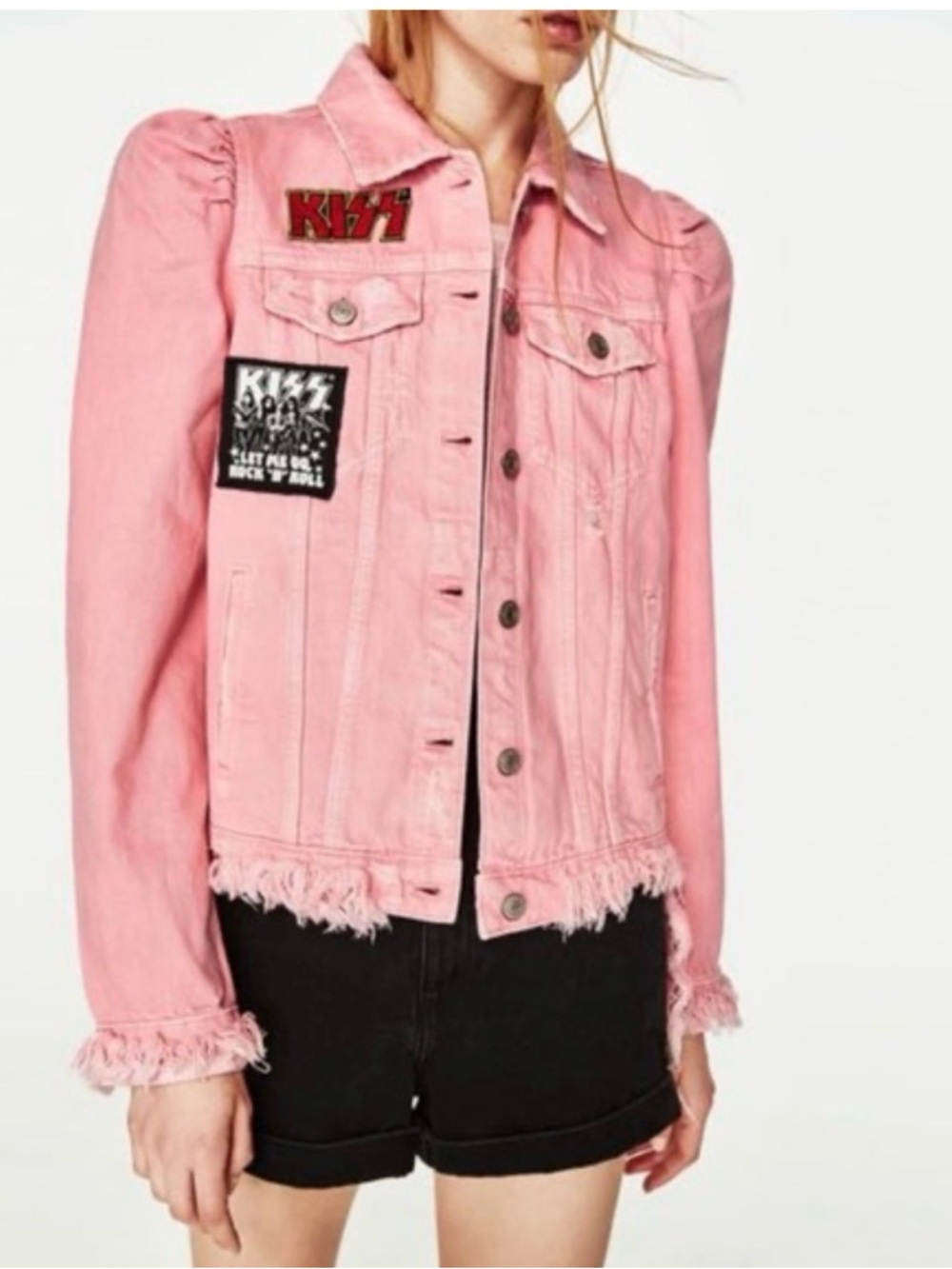 Zara x KISS Pink Distressed Denim Jean Jacket Puff Sleeve Size Small Rocker